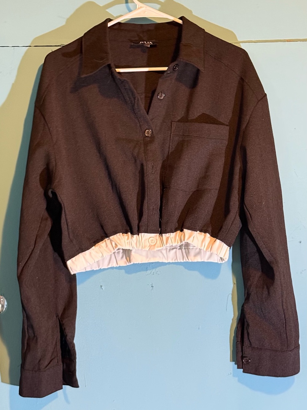love J Black Cropped Bomber Jacket with Cream Elastic Hem